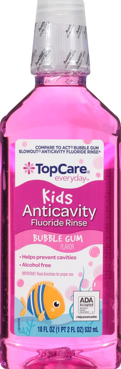 slide 13 of 14, TopCare Everyday Kids Bubble Gum Flavor Anticavity Fluoride Rinse 18 oz, 18 oz