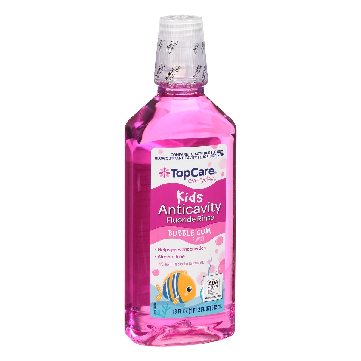 slide 14 of 14, TopCare Everyday Kids Bubble Gum Flavor Anticavity Fluoride Rinse 18 oz, 18 oz