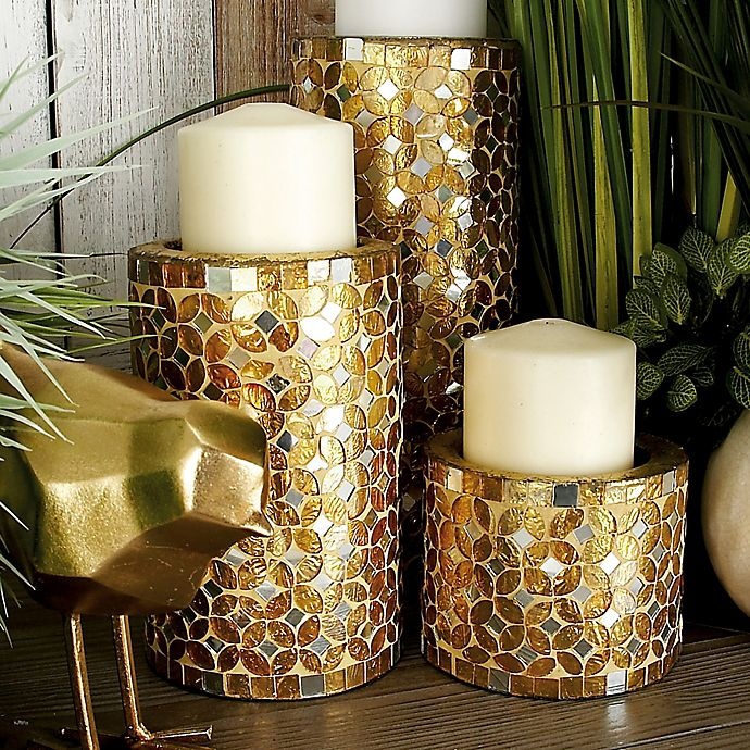 slide 2 of 3, Ridge Road Decor Metal Mosaic Candle Holder Set - Gold, 3 ct