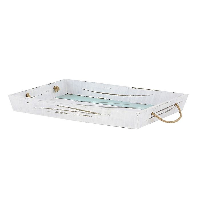 slide 4 of 7, Ridge Road Decor Distressed Wood Slat Serving Tray Set - White/Blue, 2 ct