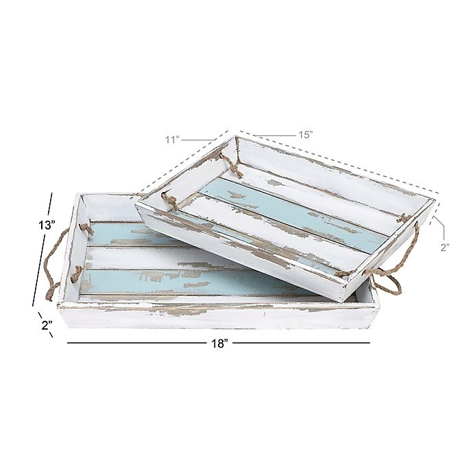 slide 6 of 7, Ridge Road Decor Distressed Wood Slat Serving Tray Set - White/Blue, 2 ct