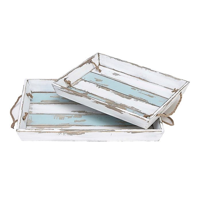 slide 1 of 7, Ridge Road Decor Distressed Wood Slat Serving Tray Set - White/Blue, 2 ct