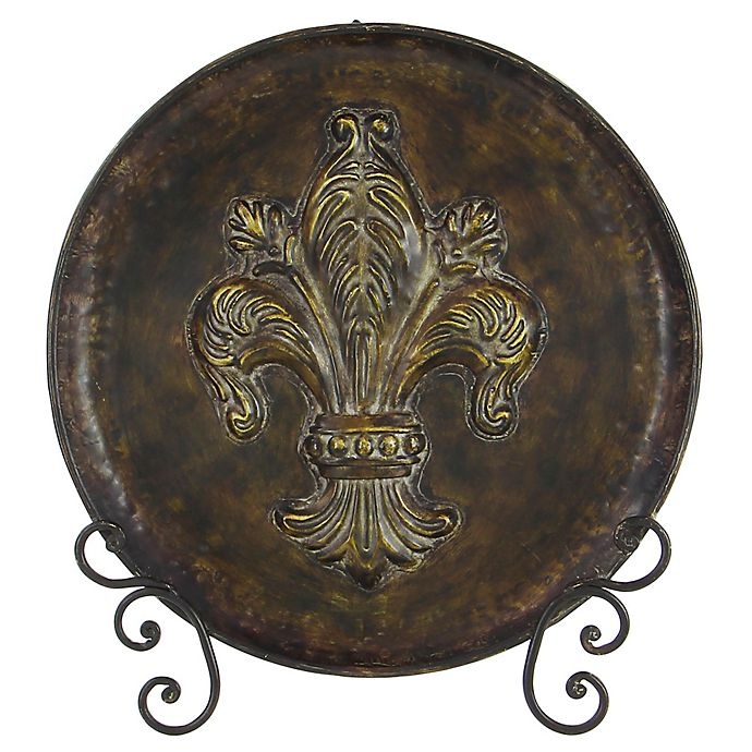 slide 2 of 7, Ridge Road Decor Fleur de Lis Decorative Iron Plate with Stand - Brown, 1 ct