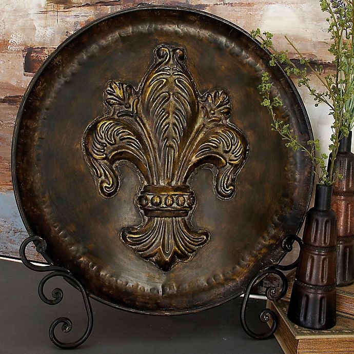 slide 6 of 7, Ridge Road Decor Fleur de Lis Decorative Iron Plate with Stand - Brown, 1 ct