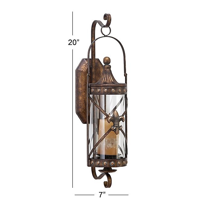 slide 2 of 3, Ridge Road Decor Fleur de Lis Lantern Iron/Glass Candle Sconces - Bronze, 1 ct