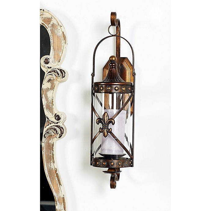 slide 3 of 3, Ridge Road Decor Fleur de Lis Lantern Iron/Glass Candle Sconces - Bronze, 1 ct