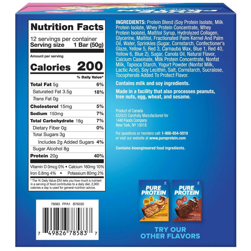 slide 5 of 6, Pure Protein 20g Protein Bar - Birthday Cake - 12ct, 20 gram, 12 ct