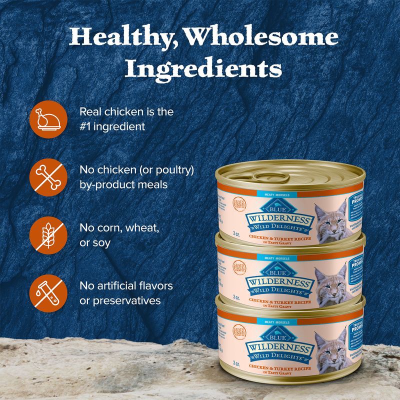 slide 7 of 11, Blue Buffalo Wilderness Wild Delights High Protein Grain Free Natural Adult Meaty Morsels Wet Cat Food with Chicken & Turkey - 3oz, 3 oz
