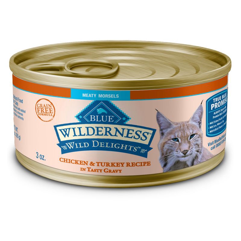 slide 1 of 11, Blue Buffalo Wilderness Wild Delights High Protein Grain Free Natural Adult Meaty Morsels Wet Cat Food with Chicken & Turkey - 3oz, 3 oz