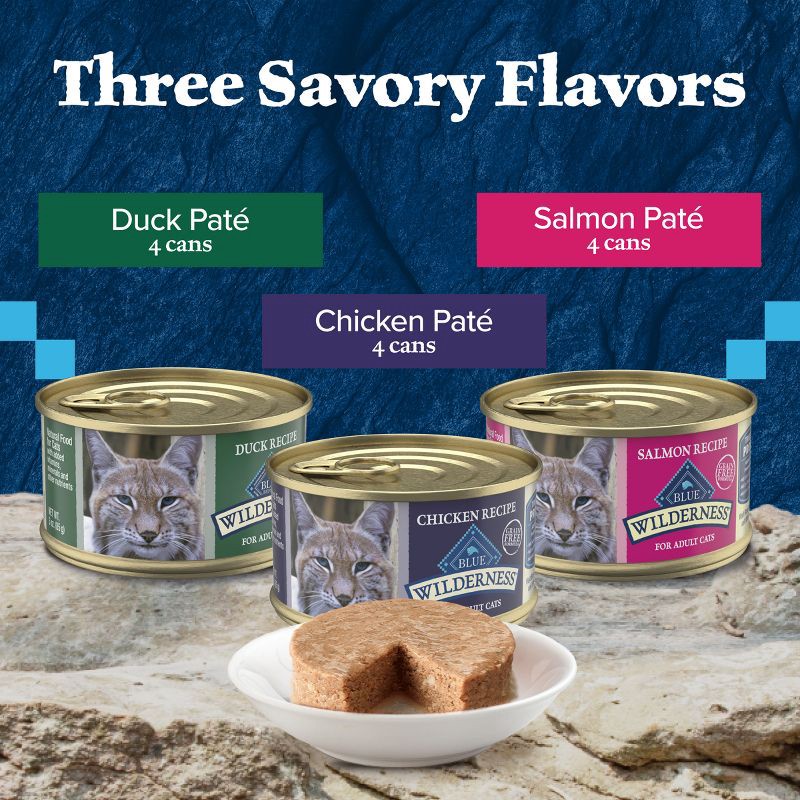 slide 3 of 11, Blue Buffalo Wilderness High Protein, Natural Adult Pate Wet Cat Food Variety Pack with Chicken, Salmon, Duck Flavor - 3oz/12ct, 12 ct; 3 oz