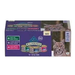 Blue Buffalo Wilderness High Protein, Natural Adult Pate Wet Cat Food Variety Pack with Chicken, Salmon, Duck Flavor - 3oz/12ct