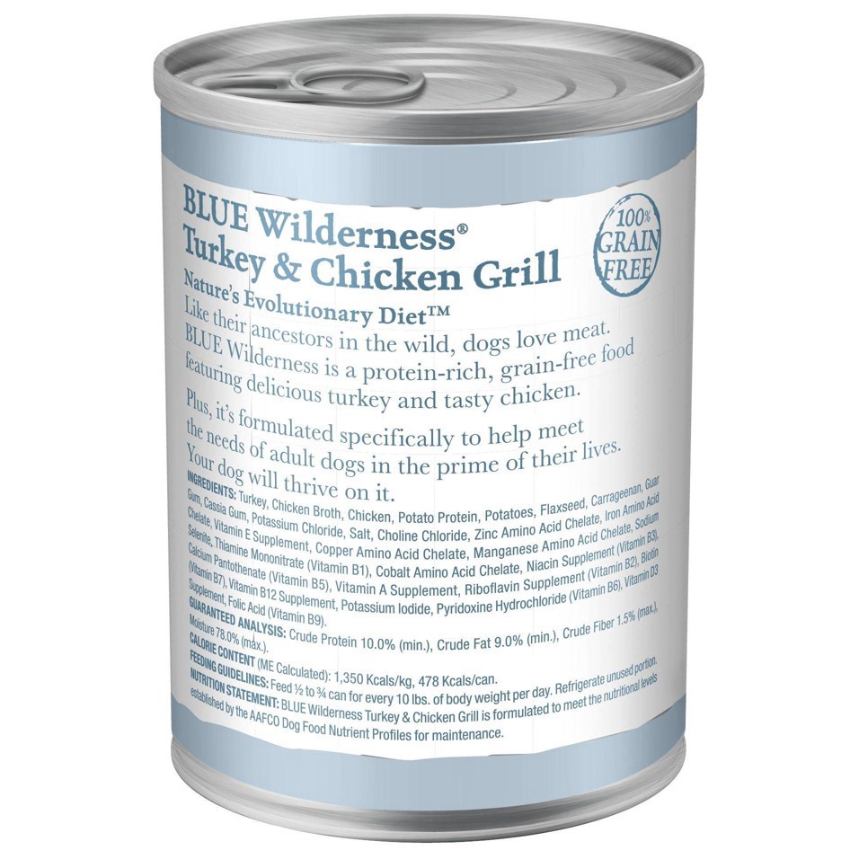slide 4 of 5, Blue Buffalo Wilderness High Protein, Natural Adult Wet Dog Food, Turkey & Chicken Grill 12.5-oz Can, 12.5 oz