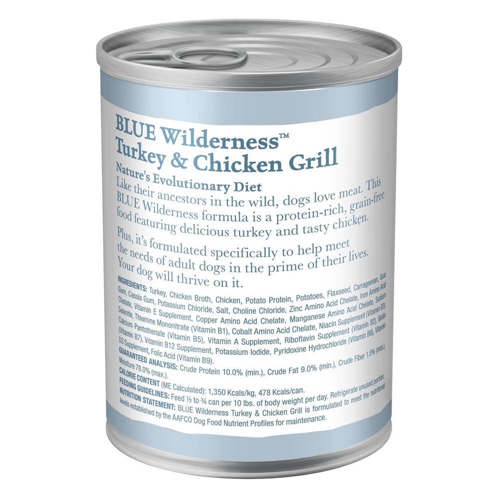 slide 5 of 5, Blue Buffalo Wilderness High Protein, Natural Adult Wet Dog Food, Turkey & Chicken Grill 12.5-oz Can, 12.5 oz