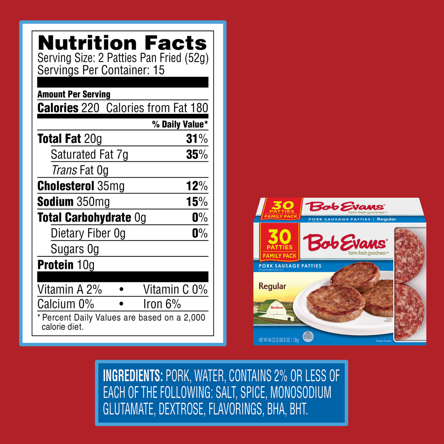 slide 5 of 8, Bob Evans Regular Pork Sausage Patties 40 oz. Box, 30 ct