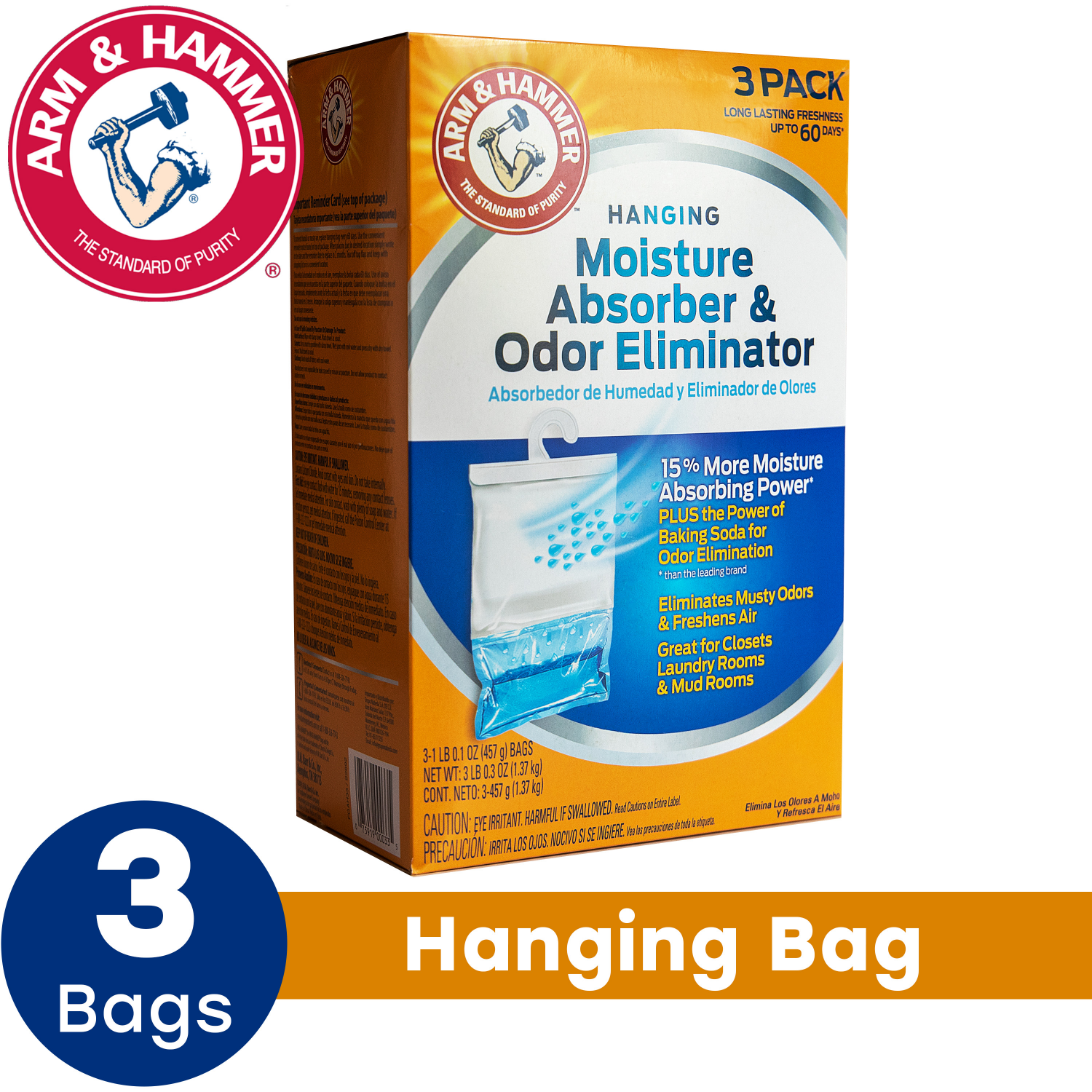 slide 4 of 5, Arm & Hammer Fragrance Free Hanging Moisture Absorber and Odor Eliminator, 3 ct