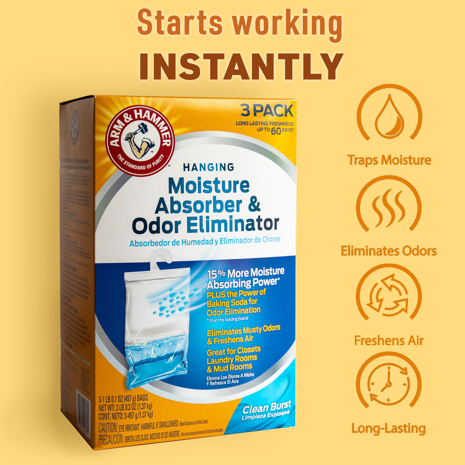 slide 2 of 5, Arm & Hammer Clean Burst Hanging Moisture Absorber and Odor Eliminator 3-Pack, 3 ct