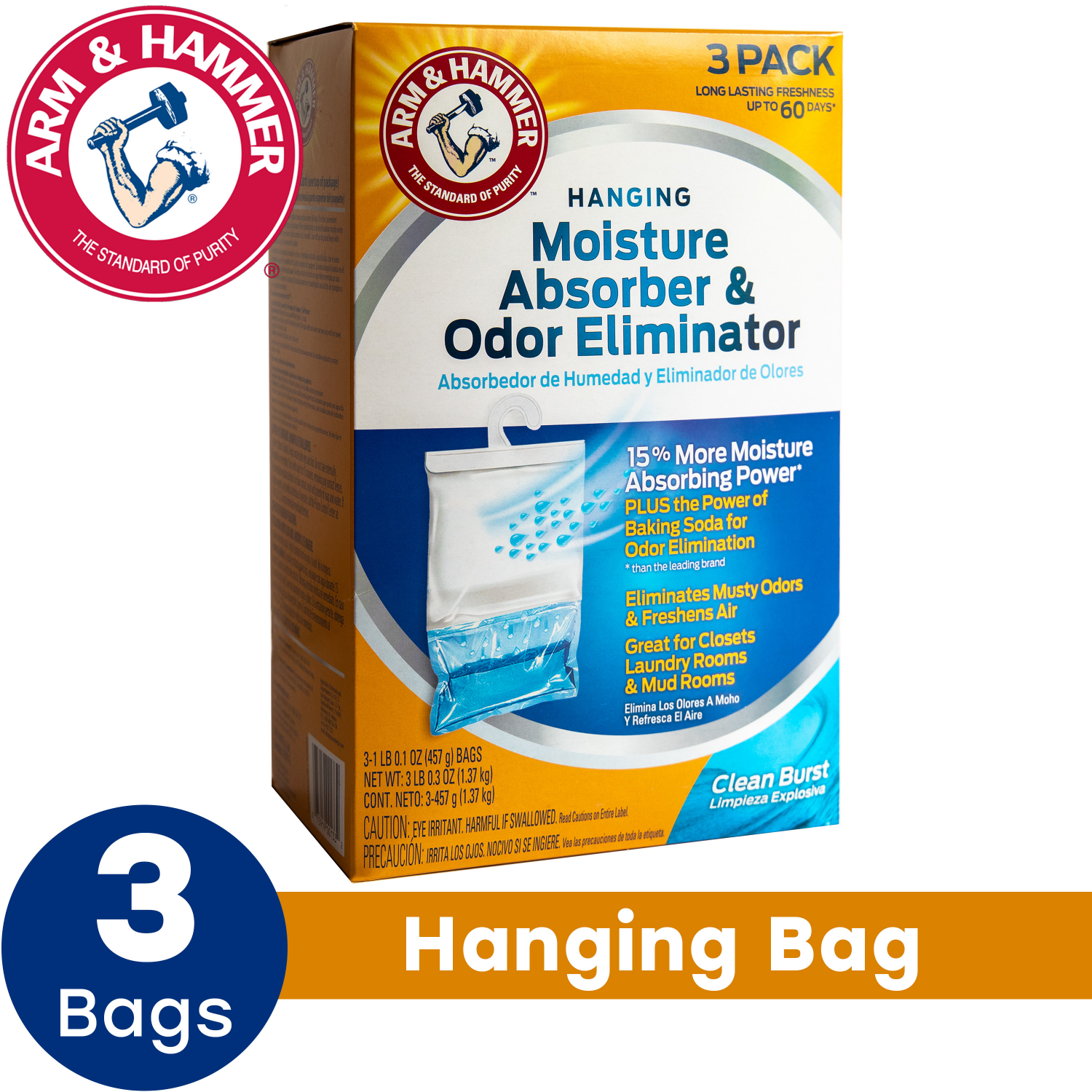 slide 4 of 5, Arm & Hammer Clean Burst Hanging Moisture Absorber and Odor Eliminator 3-Pack, 3 ct