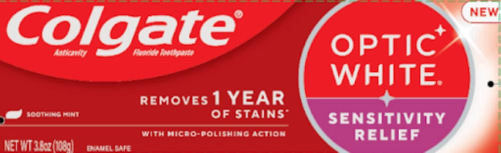 slide 1 of 6, Colgate Optic White Sensitivity Relief Teeth Whitening Toothpaste, Anticavity Toothpaste with Fluoride, Soothing Mint Flavor, 3.8 oz, 3.8 oz