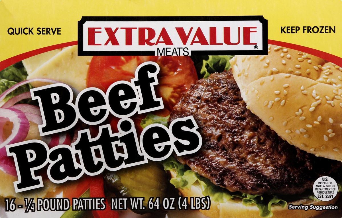 slide 1 of 13, Extra Value® frozen beef patties, 64 oz