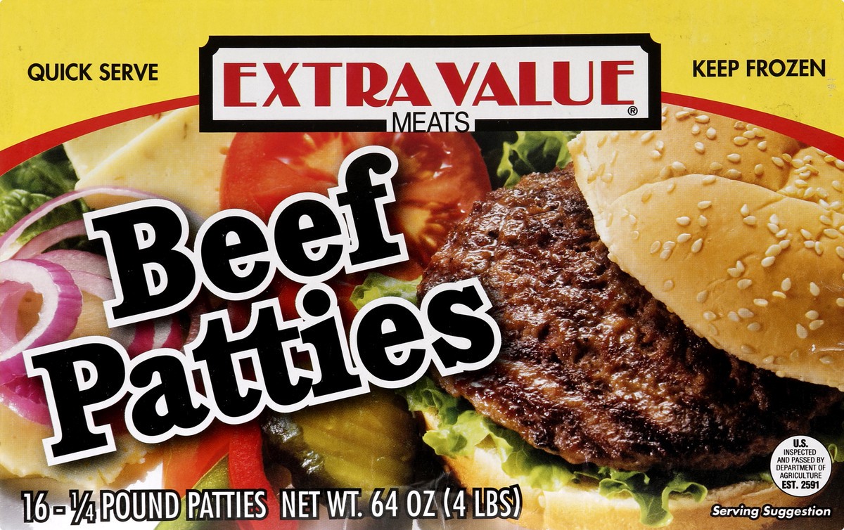 slide 11 of 13, Extra Value® frozen beef patties, 64 oz