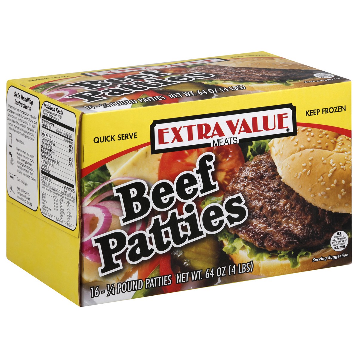 slide 12 of 13, Extra Value® frozen beef patties, 64 oz