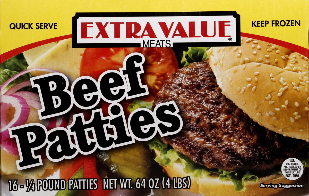 slide 4 of 13, Extra Value® frozen beef patties, 64 oz