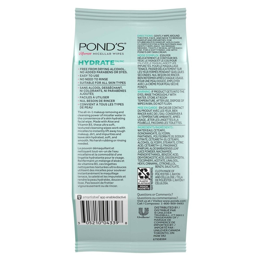 slide 2 of 6, Pond's Hydrate Micellar Facial Wipes - Vit B3 - Aloe Vera, 25 ct