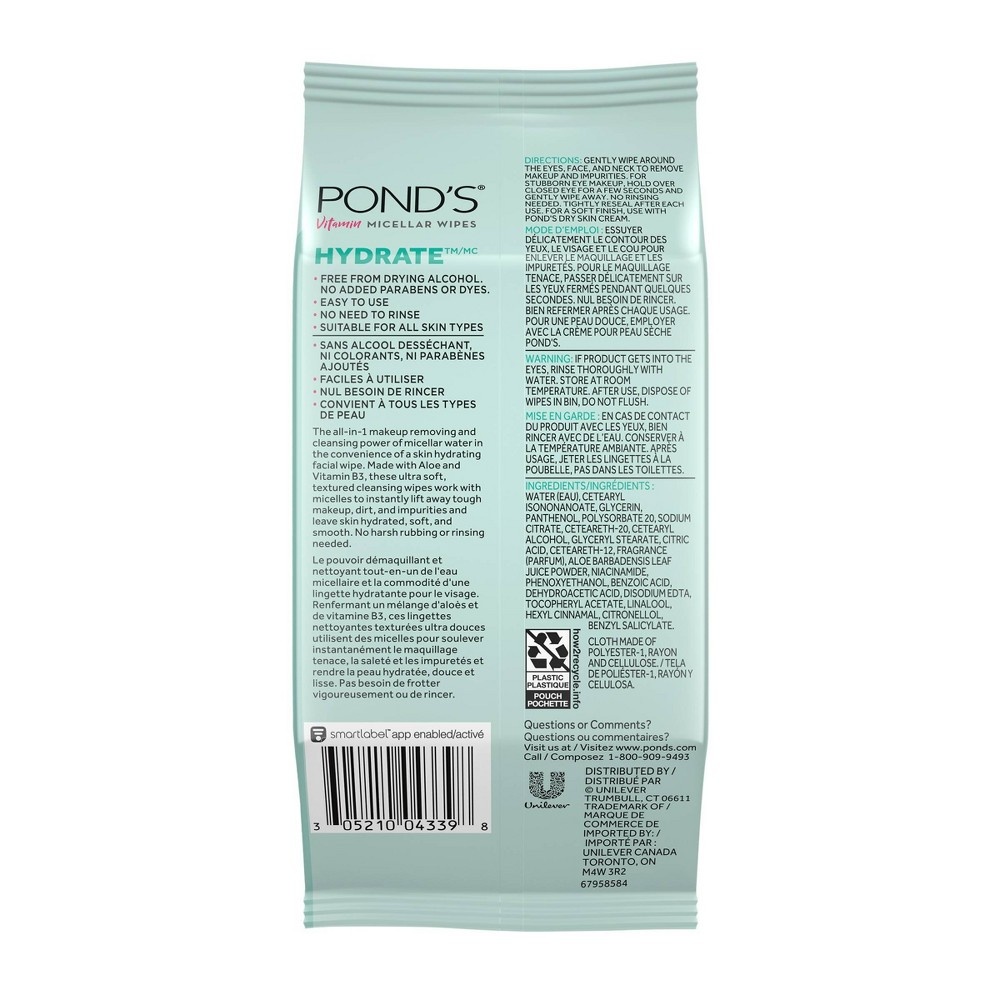 slide 5 of 6, Pond's Hydrate Micellar Facial Wipes - Vit B3 - Aloe Vera, 25 ct