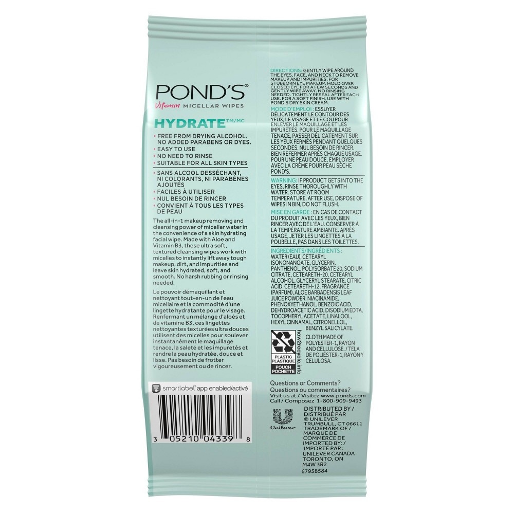 slide 6 of 6, Pond's Hydrate Micellar Facial Wipes - Vit B3 - Aloe Vera, 25 ct