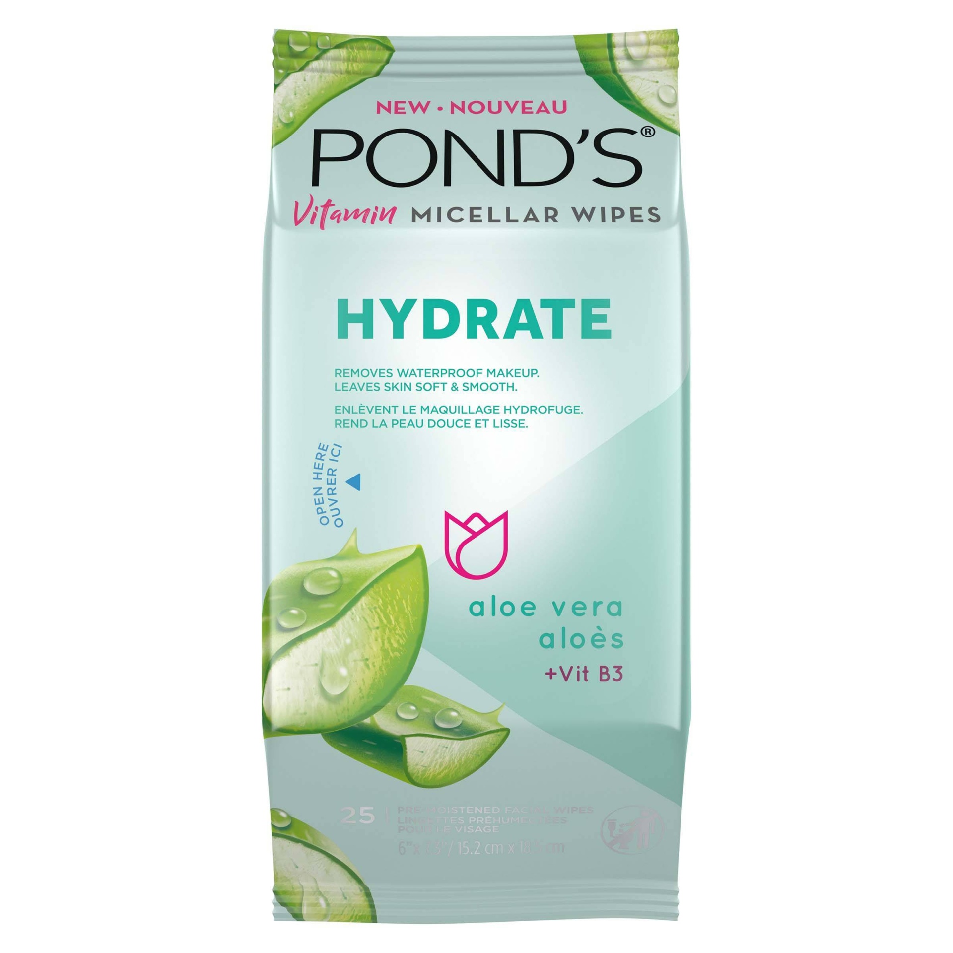 slide 1 of 6, Pond's Hydrate Micellar Facial Wipes - Vit B3 - Aloe Vera, 25 ct