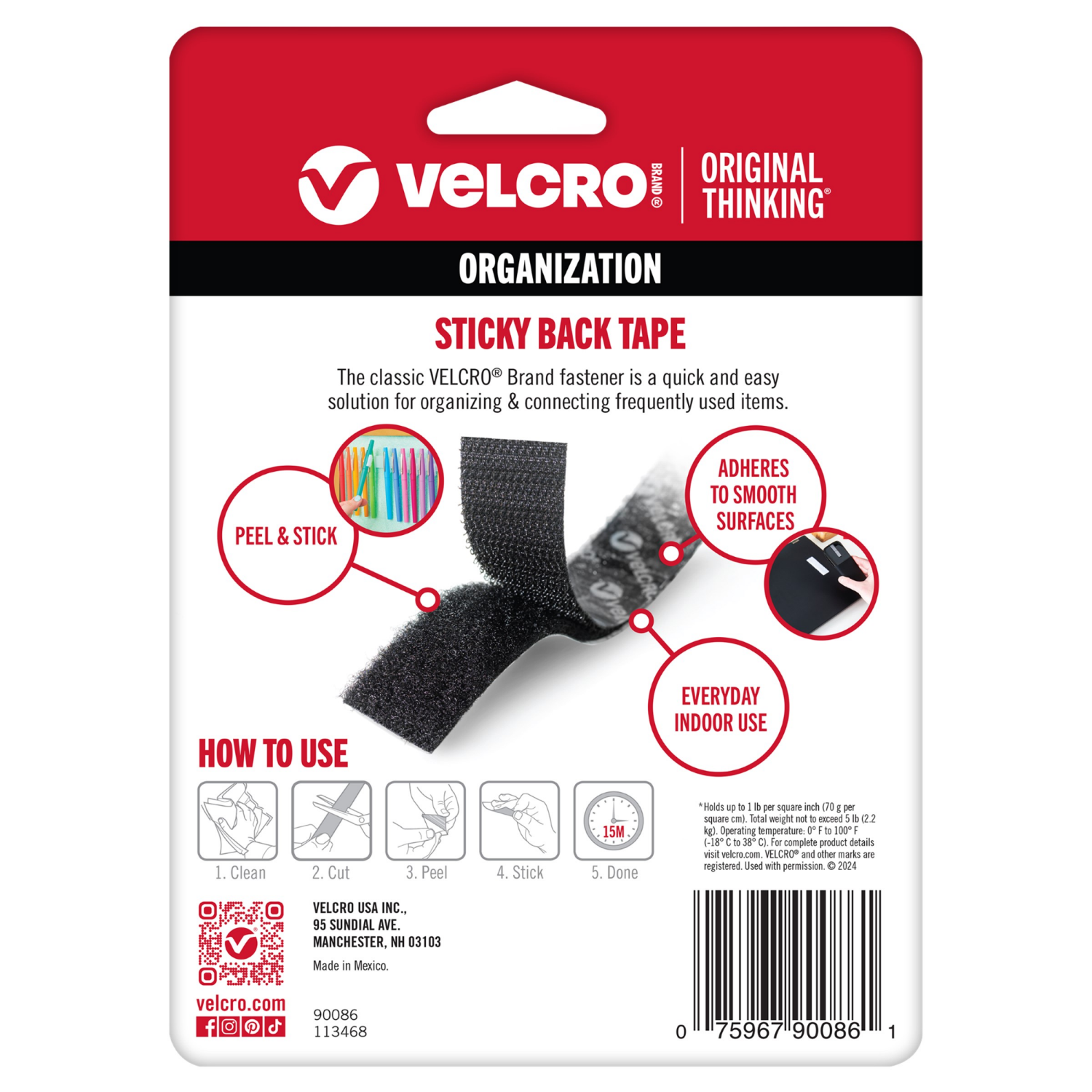 slide 2 of 2, VELCRO Brand Sticky Back Tape, 3/4 x 5", Black, 1 ct