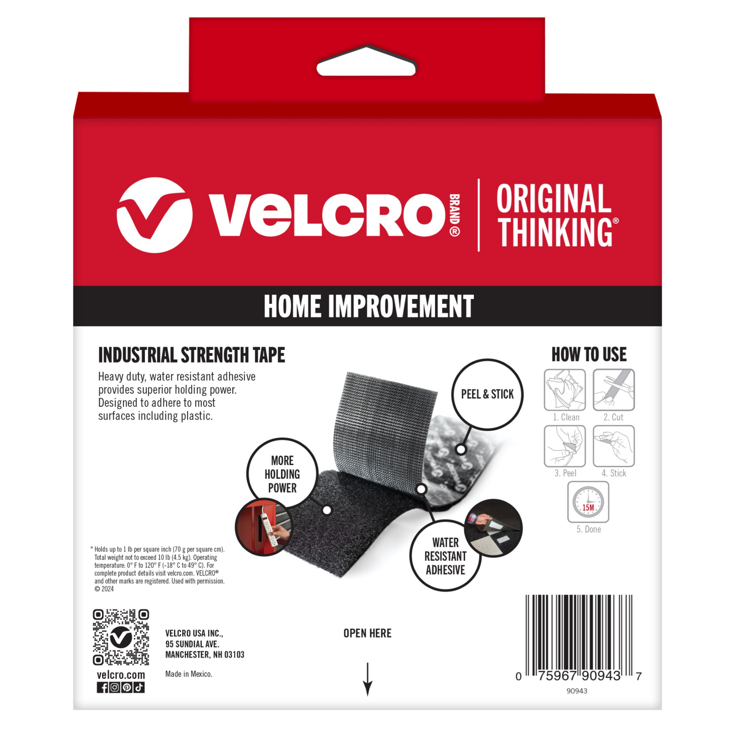 slide 2 of 2, VELCRO Brand Velcro Industrial Strength Self Stick Tape, 10' X2"", Black, 10 ft