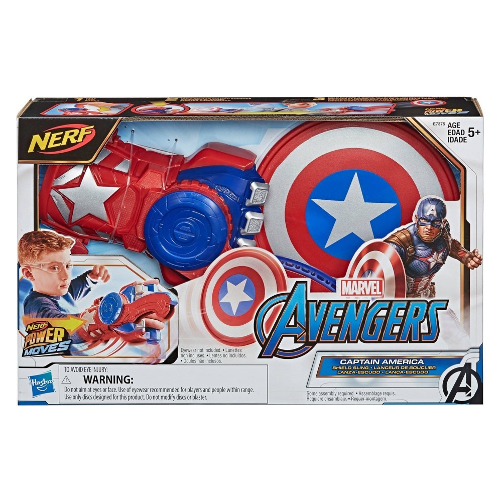 slide 2 of 9, NERF Power Moves Marvel Avengers Captain America Shield Sling, 1 ct