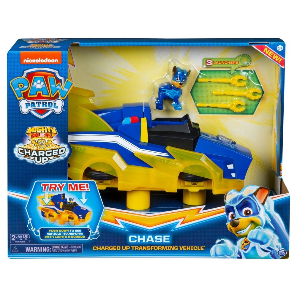 slide 2 of 7, PAW Patrol Mighty Pups Charged Up Transforming Deluxe Vehicle - Chase, 1 ct