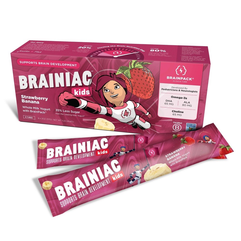 slide 2 of 4, Brainiac Kids' Strawberry Banana Probiotic Yogurt / Tubes, 8 ct; 2 oz