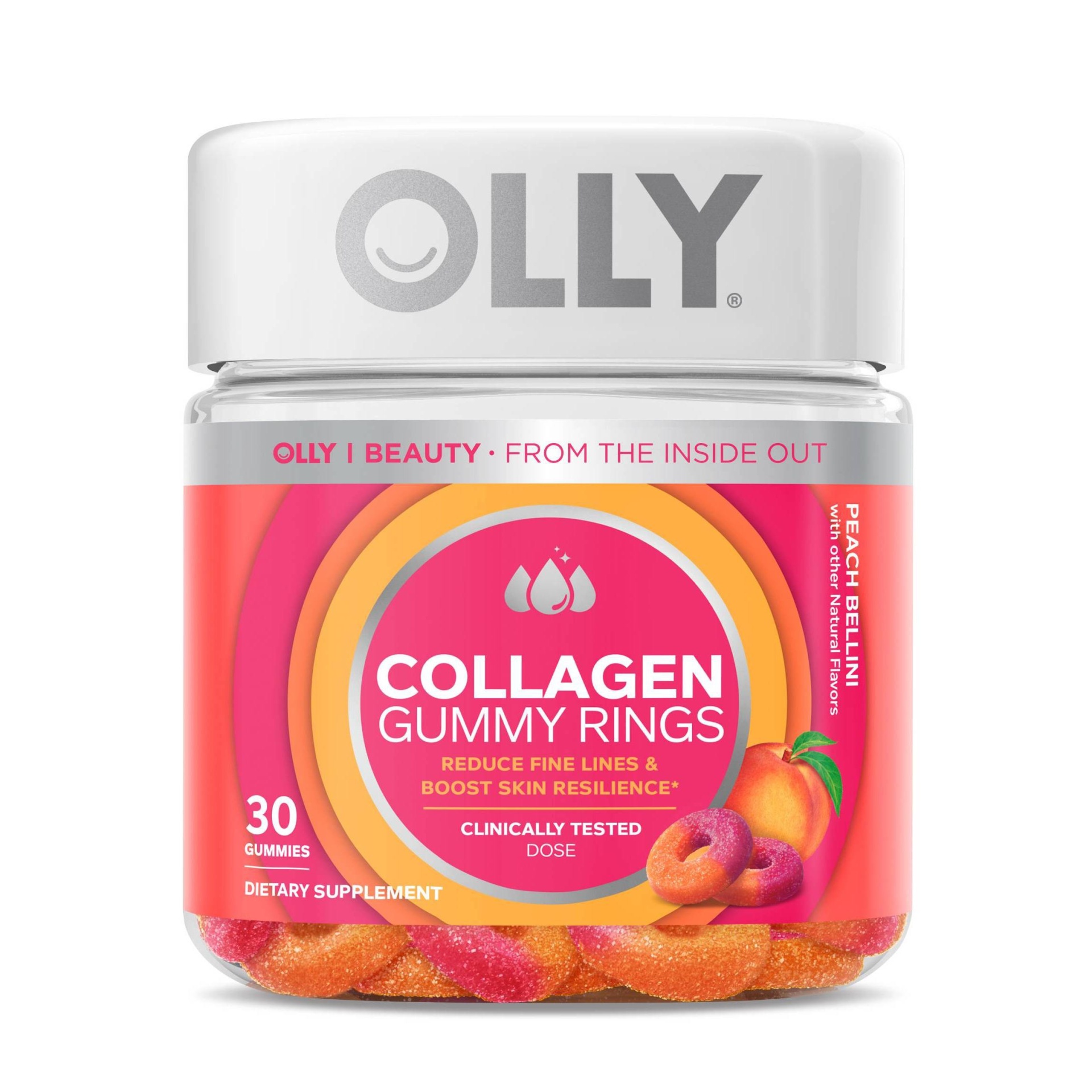 slide 1 of 4, Olly Collagen Gummy Rings Dietary Supplement - Peach Bellini, 30 ct