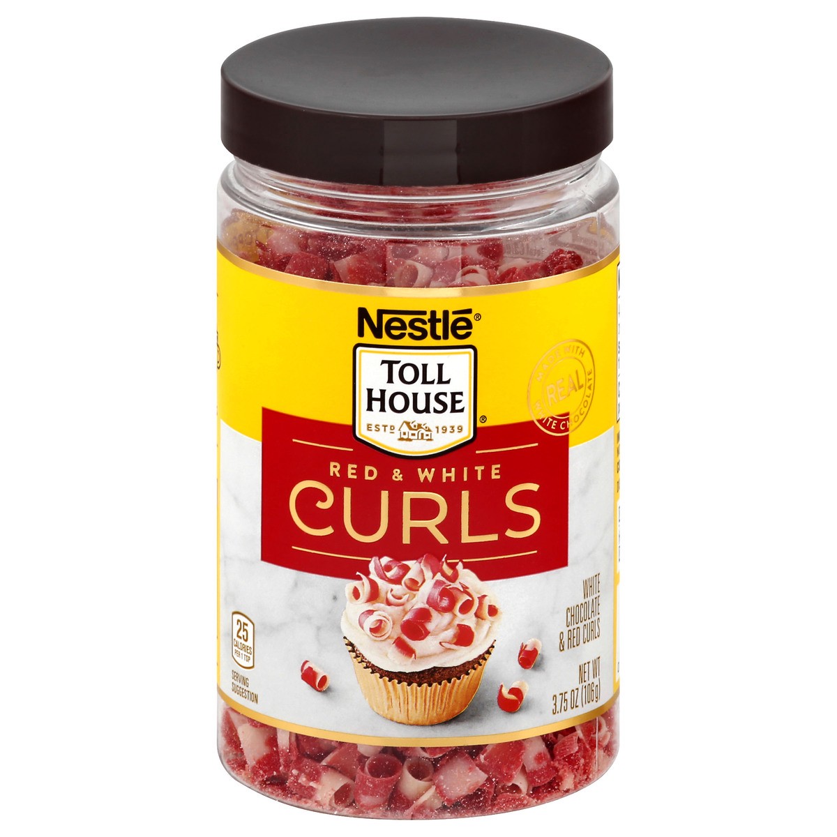 slide 1 of 8, Nestlé Toll House Red & White Curls Jar – Chocolate Curls Make the Perfect Topping for Desserts, Drinks and More, Made with Real White Chocolate and No Preservatives, 3.75 oz