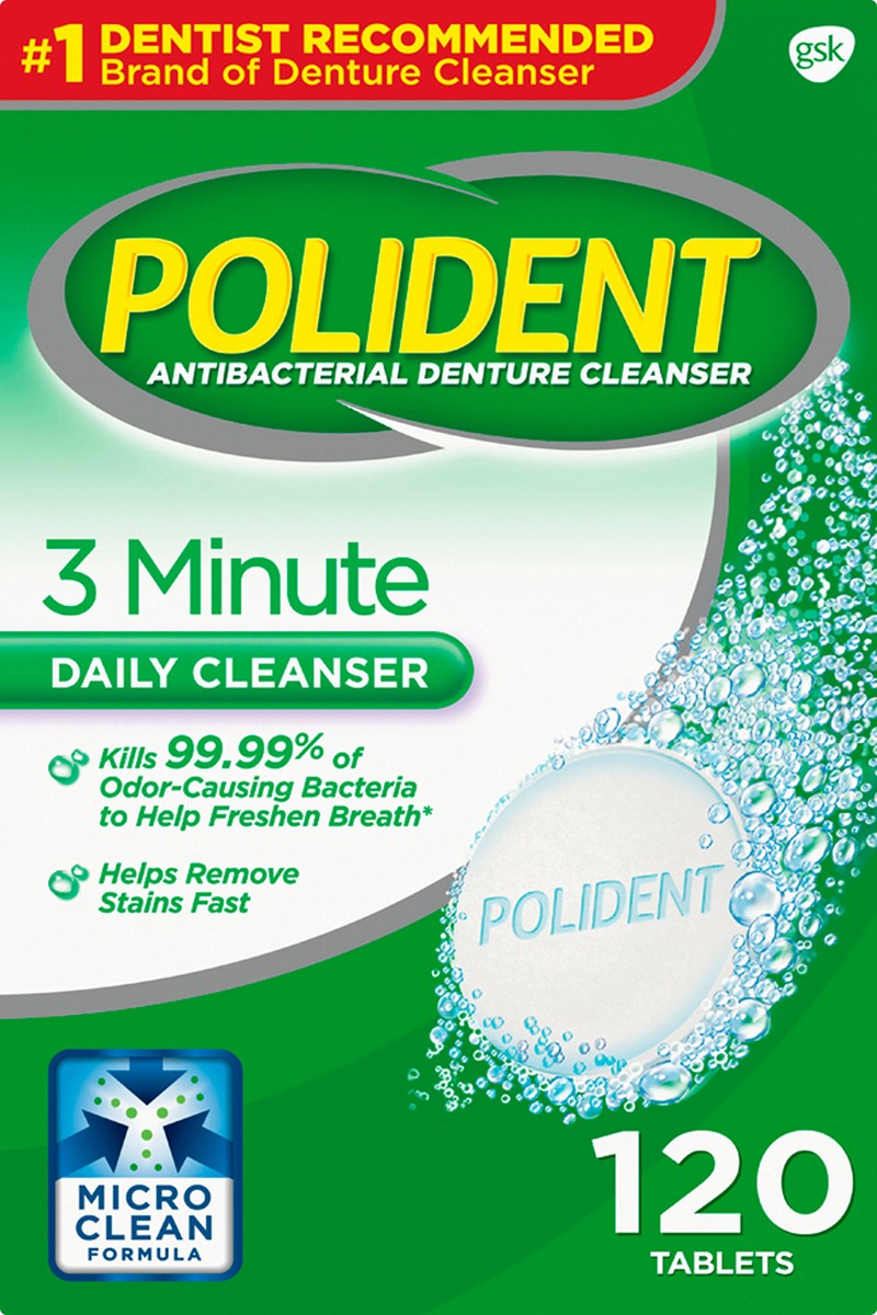 slide 1 of 15, Polident Tablets Antibacterial Denture Cleanser 120 ea, 120 ct