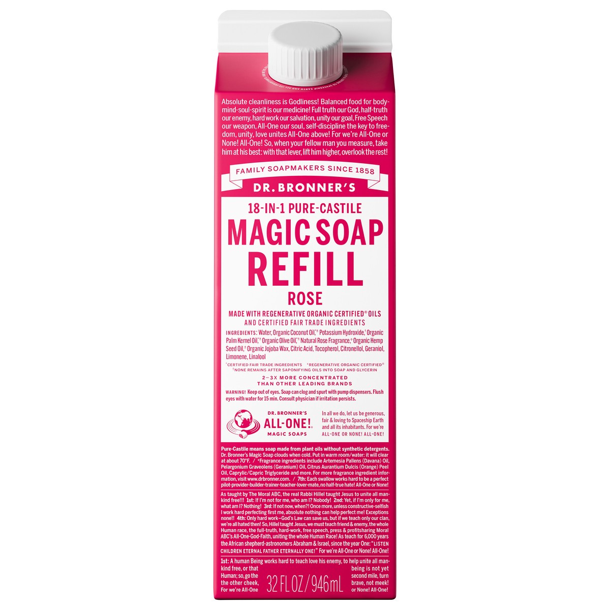 slide 1 of 10, Dr. Bronner's Rose Pure-Castile Soap Carton Refill, 32 oz