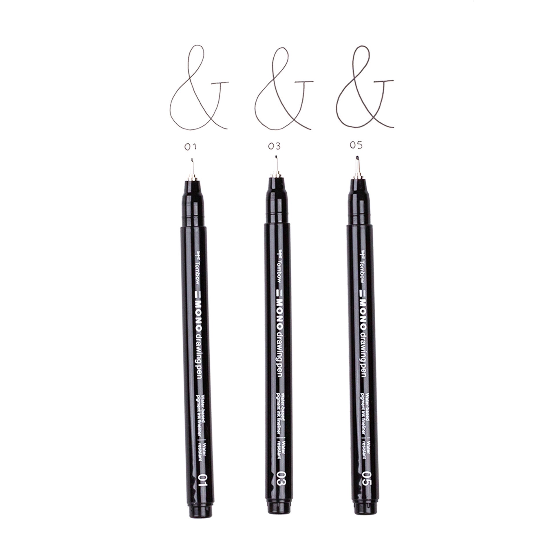 slide 12 of 12, Tombow Mono Drawing Pen Set, includes tip sizes 01, 03 and 05