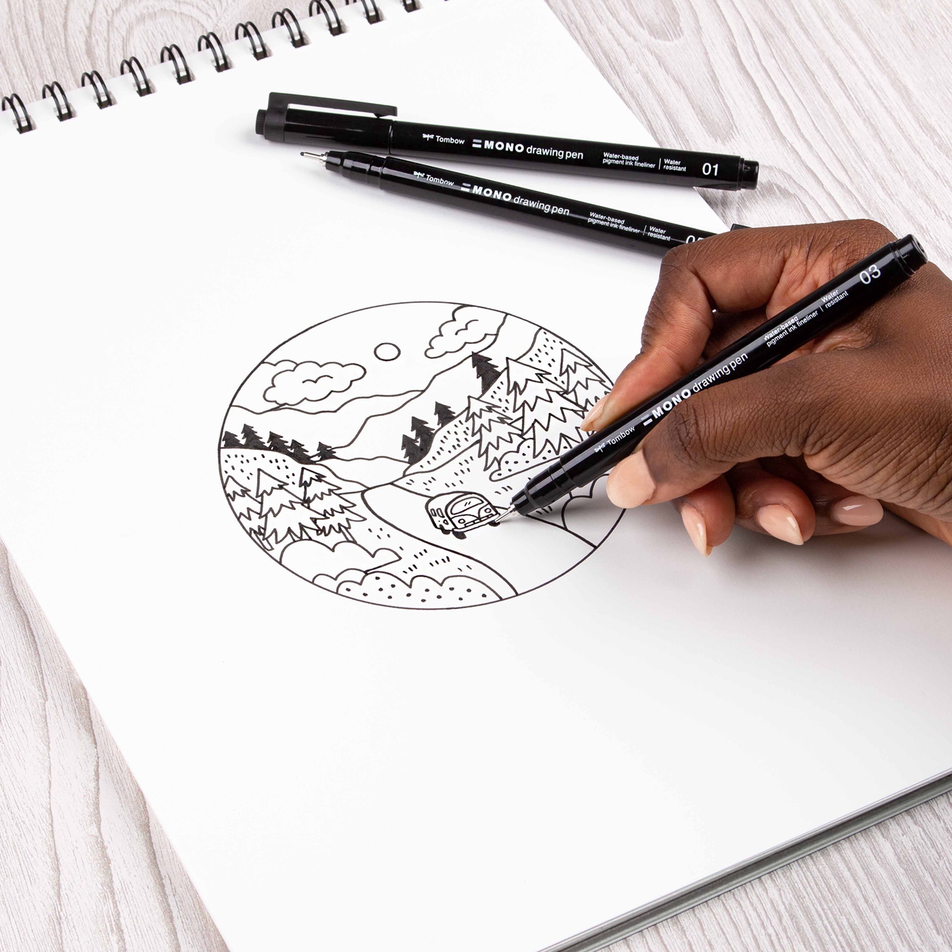 slide 6 of 12, Tombow Mono Drawing Pen Set, includes tip sizes 01, 03 and 05