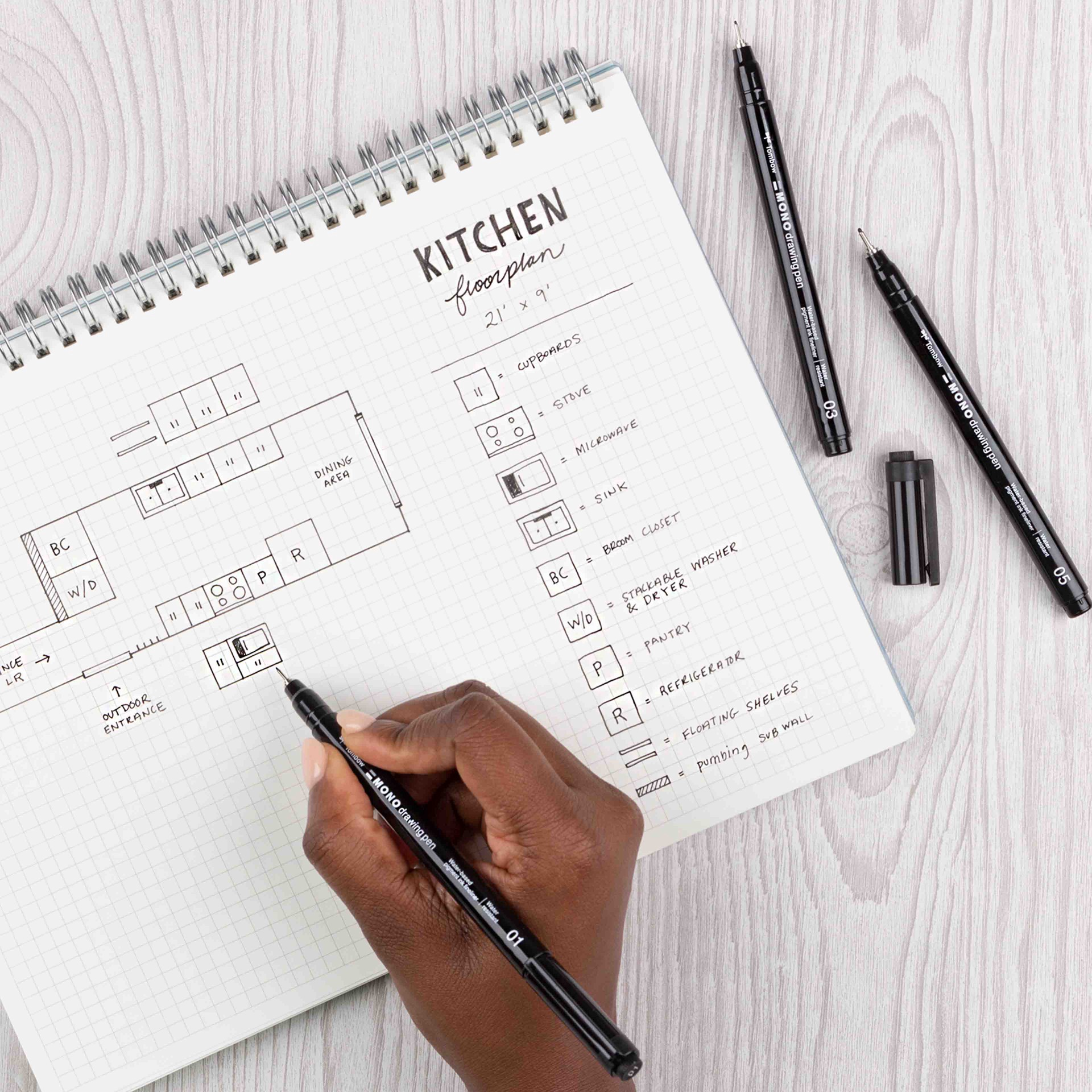 slide 9 of 12, Tombow Mono Drawing Pen Set, includes tip sizes 01, 03 and 05