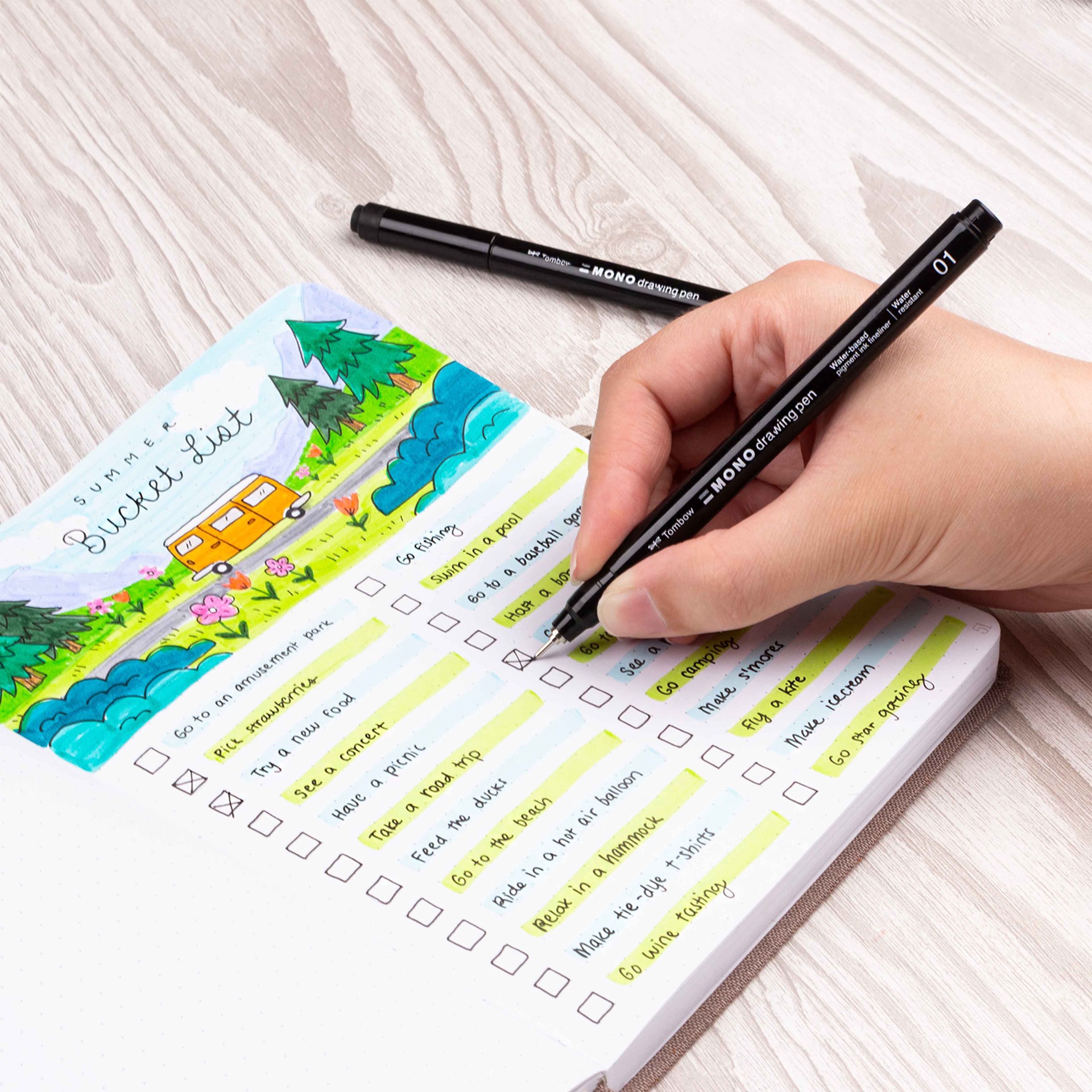 slide 11 of 12, Tombow Mono Drawing Pen Set, includes tip sizes 01, 03 and 05