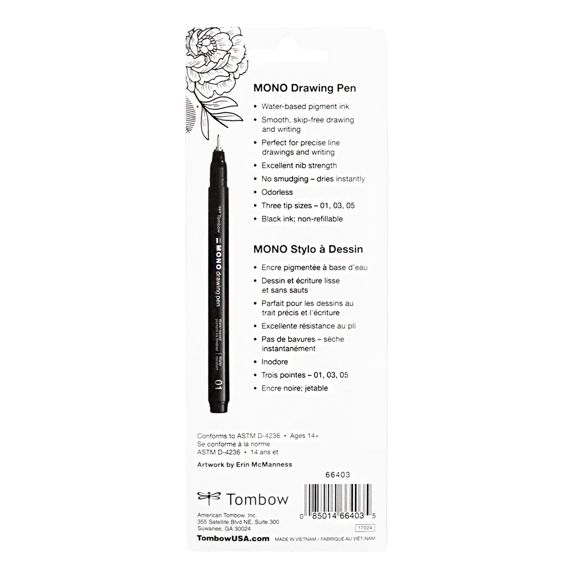 slide 3 of 12, Tombow Mono Drawing Pen Set, includes tip sizes 01, 03 and 05
