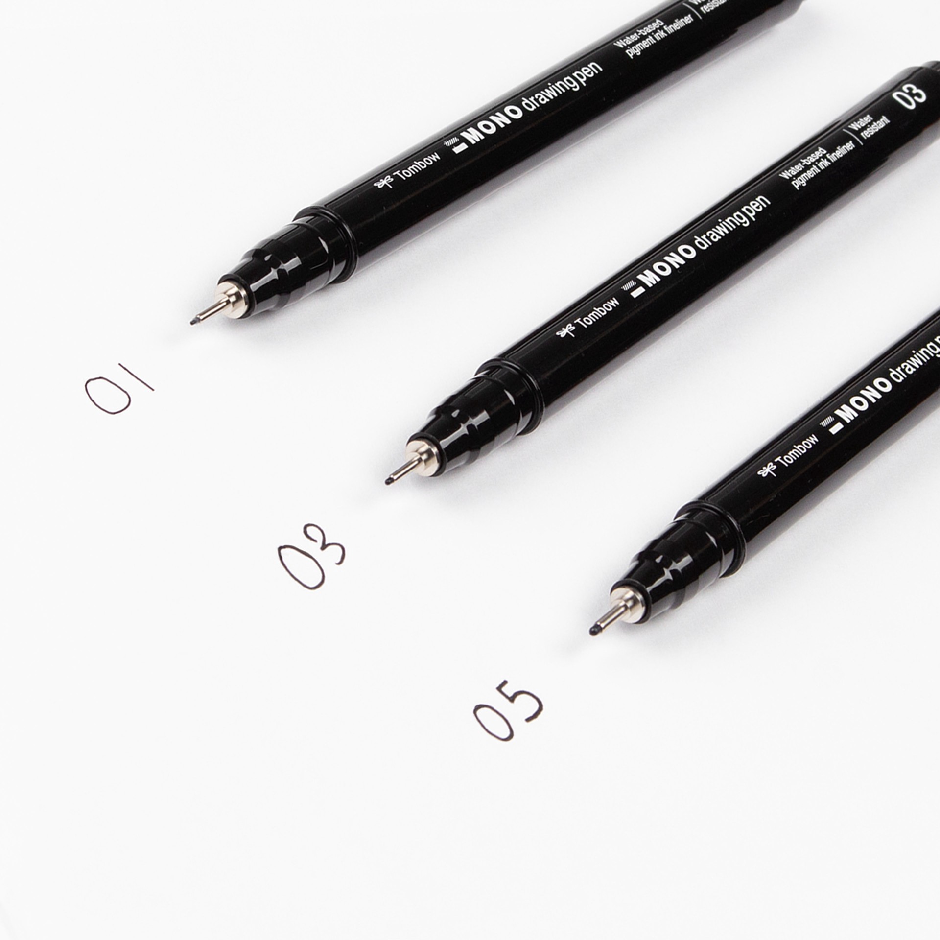 slide 7 of 12, Tombow Mono Drawing Pen Set, includes tip sizes 01, 03 and 05