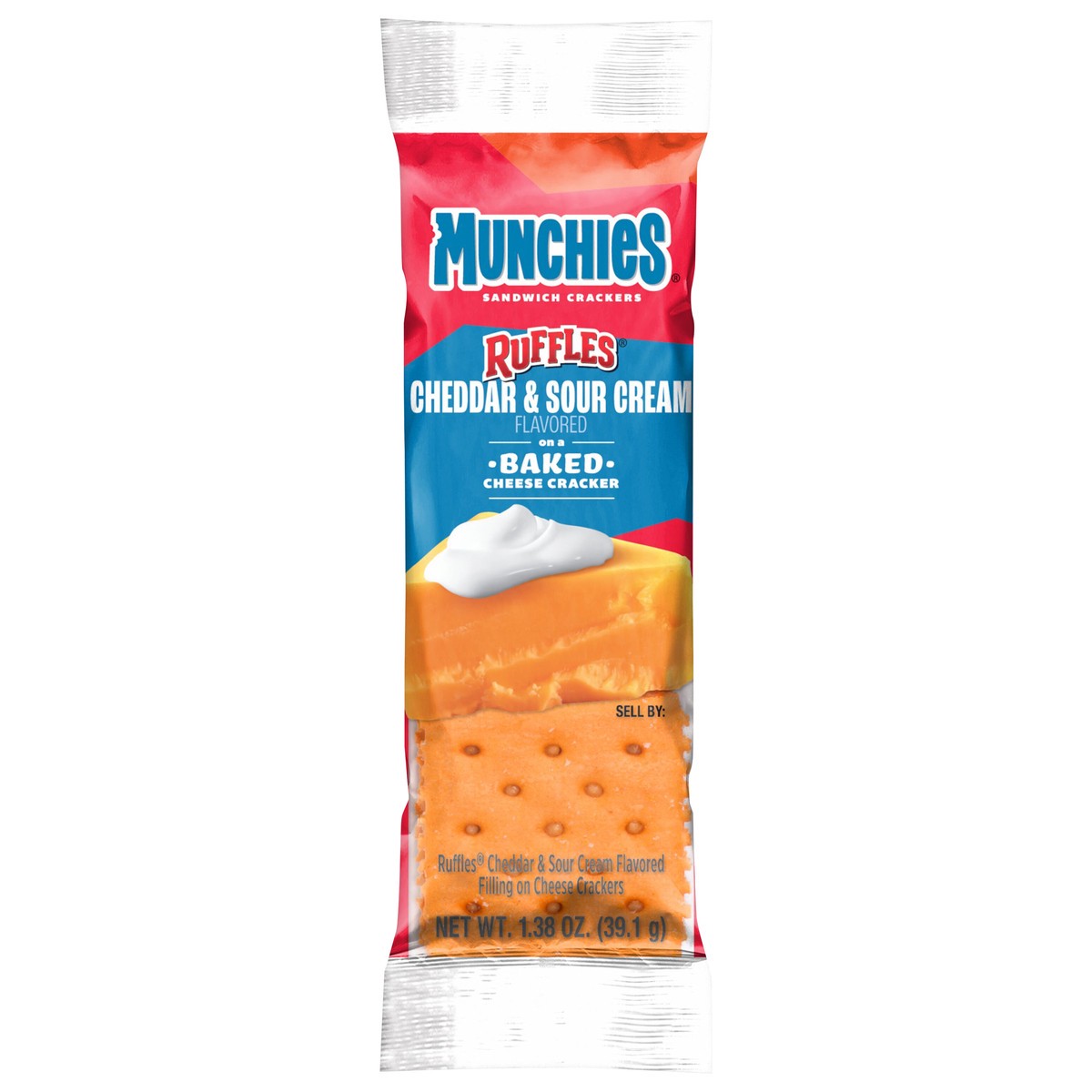 slide 1 of 9, Munchies Sandwich Crackers Ruffles Cheddar & Sour Cream Flavored 1.38 Oz, 1.38 oz