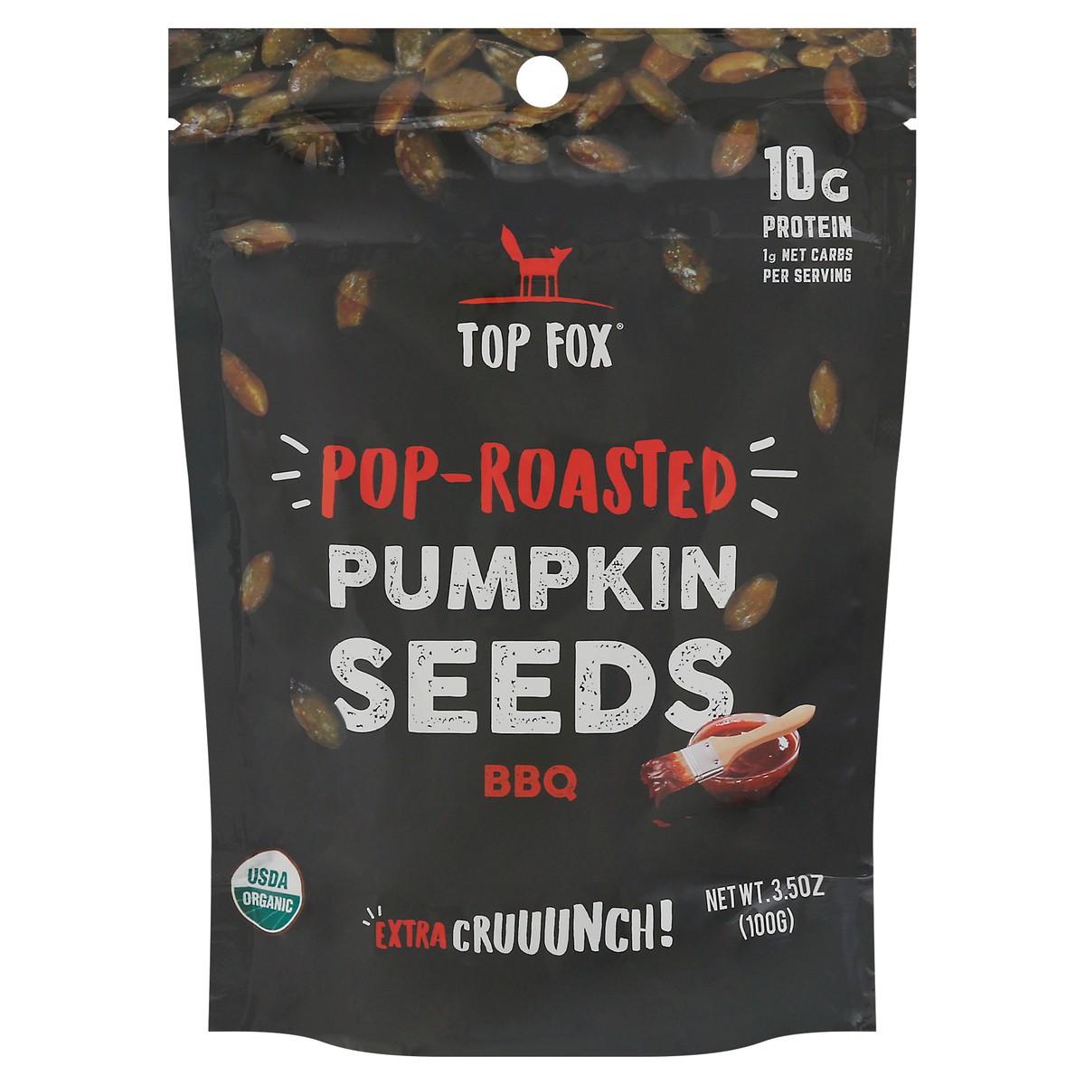 slide 1 of 9, Top Fox Pop-Roasted BBQ Pumpkin Seeds 3.5 oz, 3.5 oz