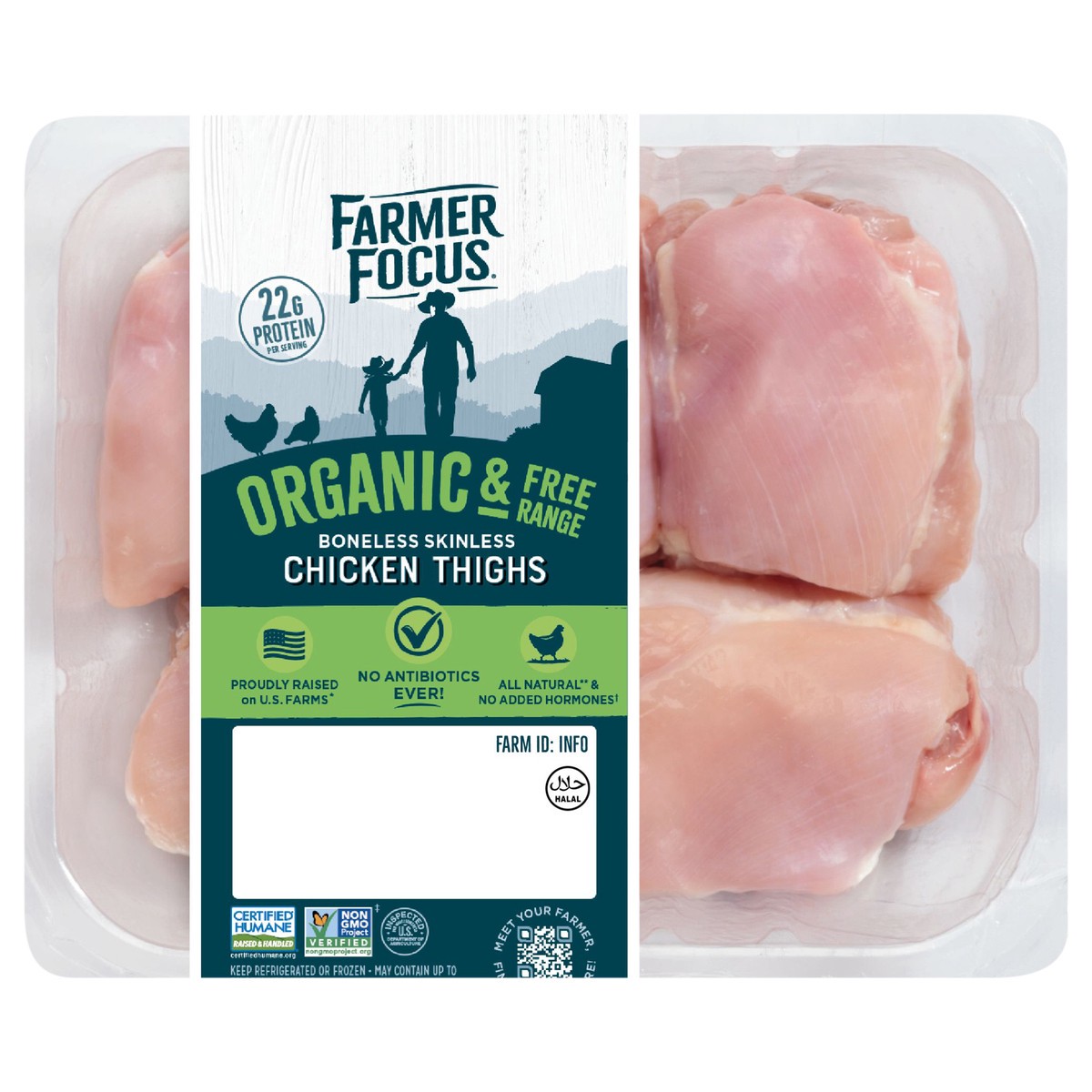 slide 1 of 6, Farmer Focus Organic And Free Range Boneless Skinless Chicken Thighs, per lb