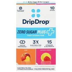DripDrop Zero Sugar Plus Peach/Raspberry Lemonade Electrolyte and Vitamin Supplement 10 - 0.20 oz Sticks