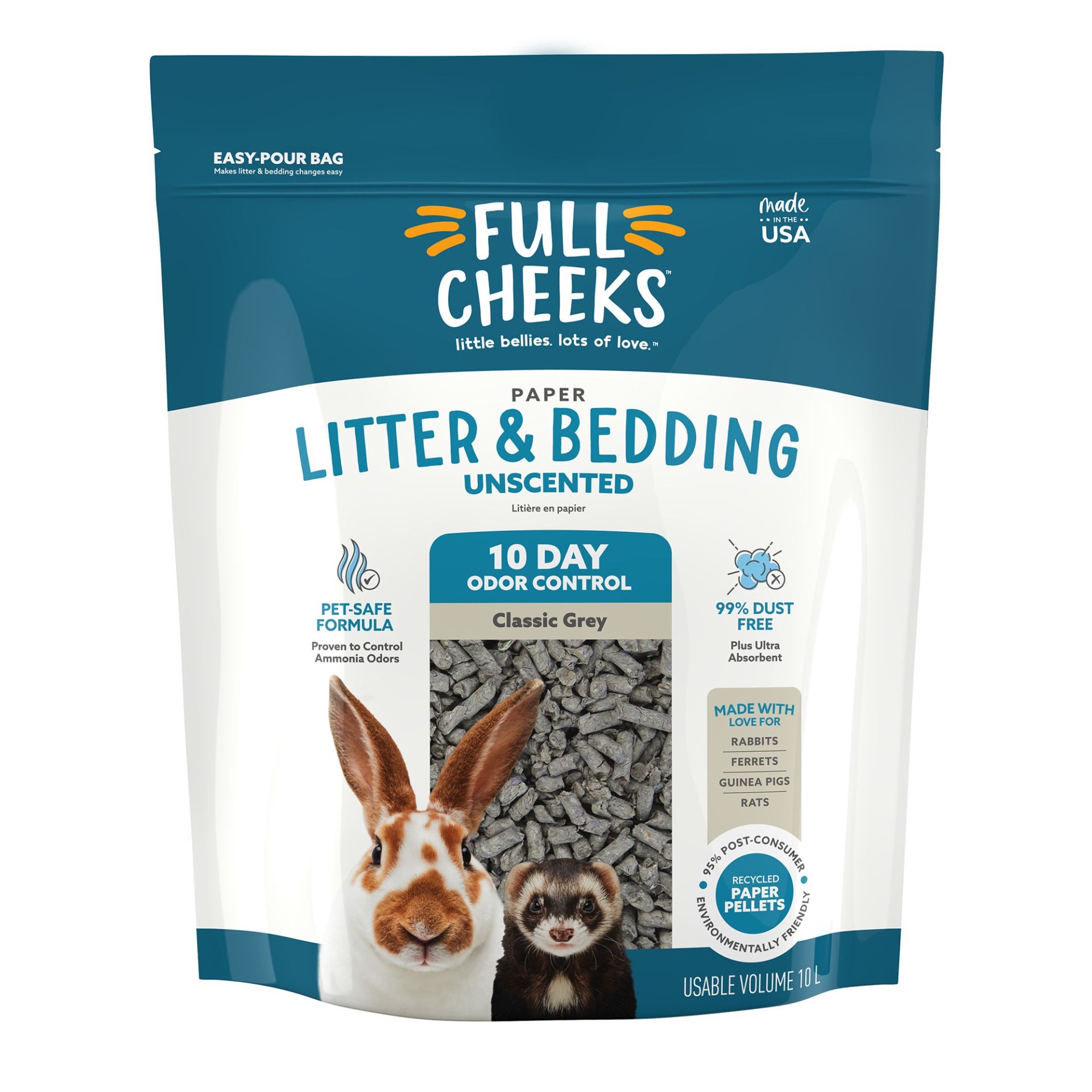 slide 1 of 1, Full Cheeks Odor Control Small Pet Paper Litter & Bedding - Grey, 10 liter